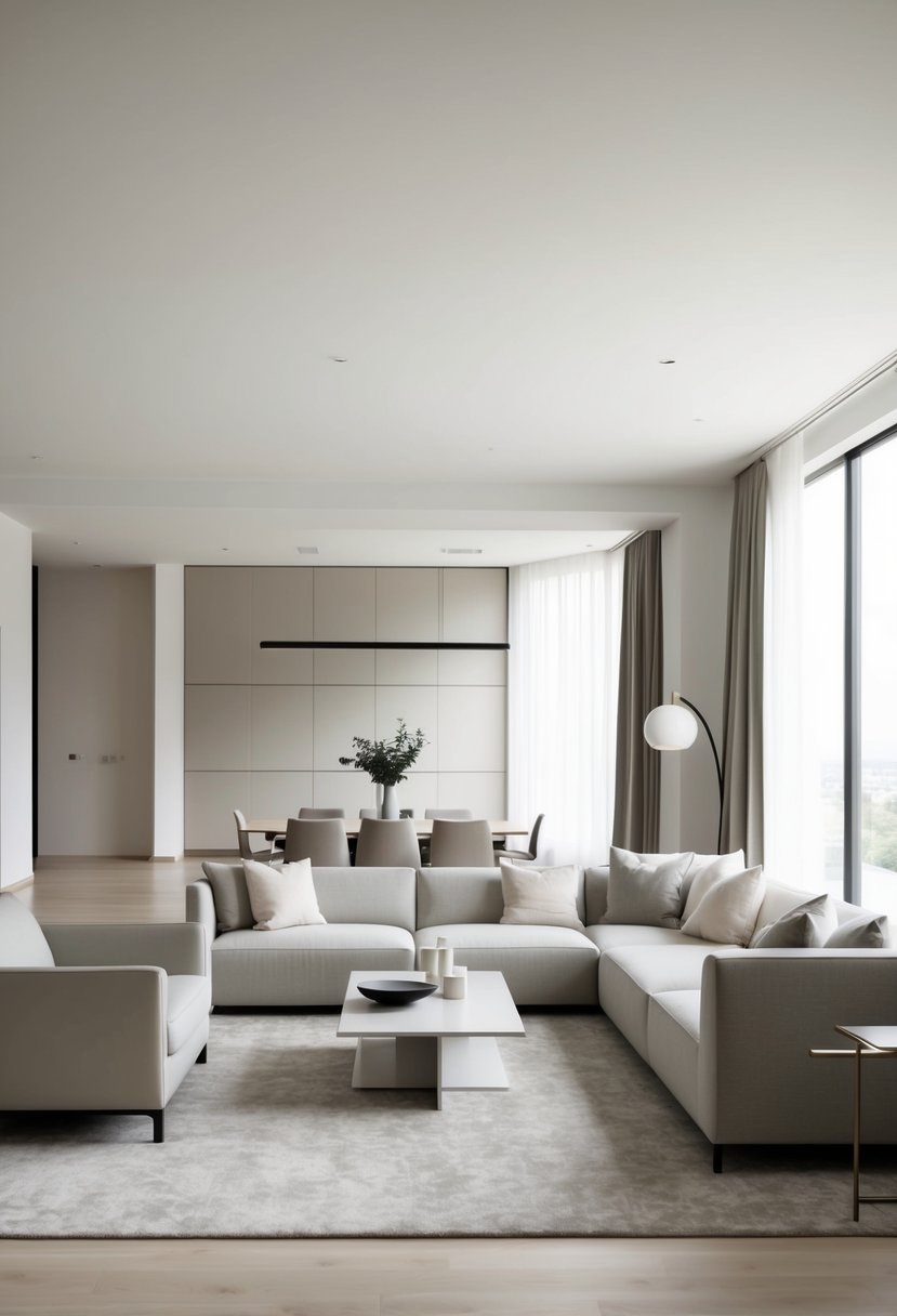 A spacious, uncluttered living room with sleek, modern furniture, a neutral color palette, and minimal decor. Large windows let in natural light, creating an airy, open feel