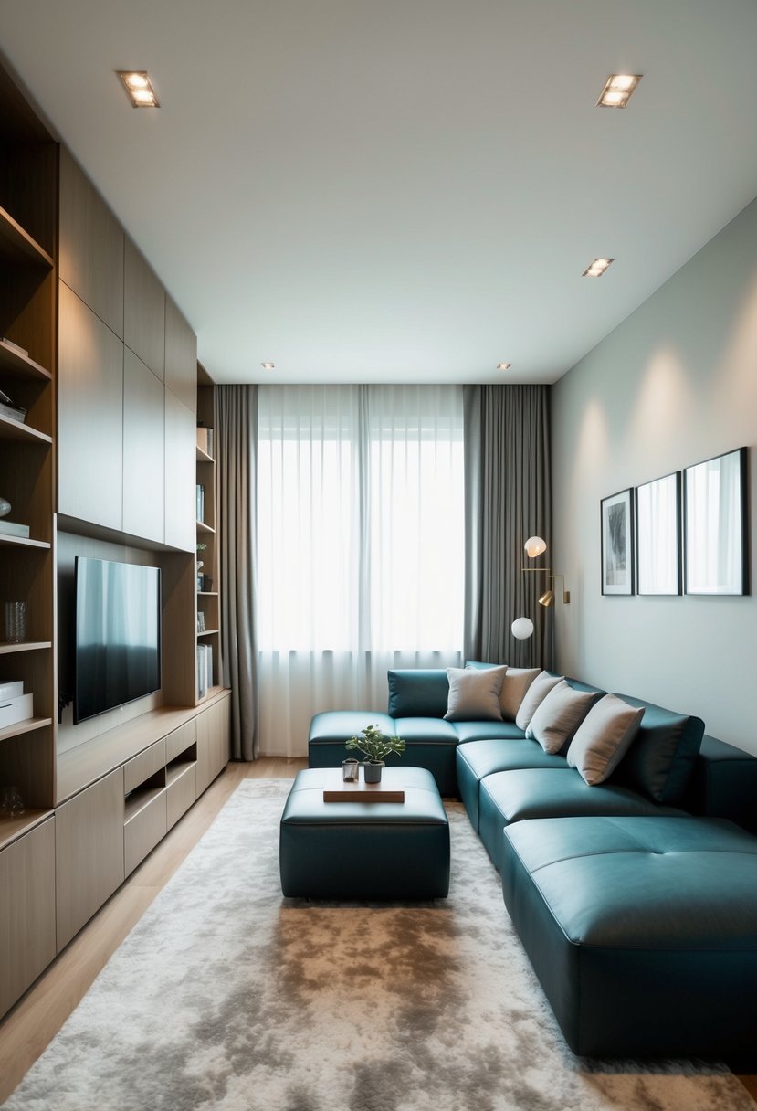A living room with sleek, multi-functional furniture and hidden storage solutions, creating a spacious and clutter-free environment