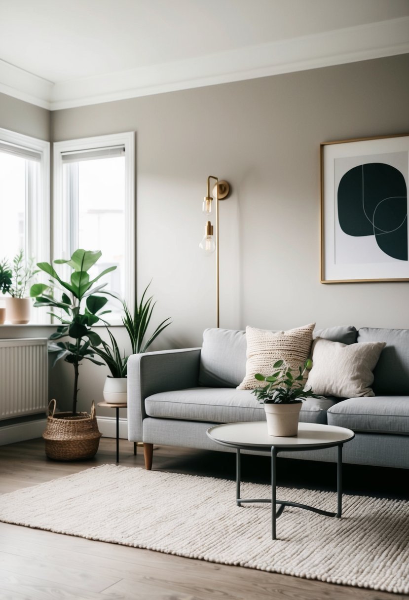 A cozy living room with a neutral color palette, featuring a few carefully chosen decorations such as potted plants, a framed piece of art, and a simple, elegant rug
