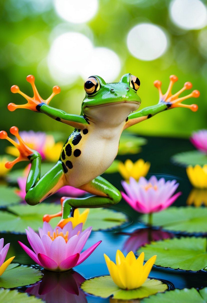 A whimsical frog surrounded by colorful flowers and lily pads, leaping joyfully in a pond