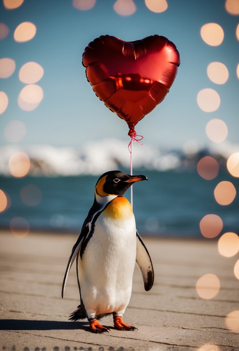 A lonely penguin holding a heart-shaped balloon, surrounded by charming tattoos