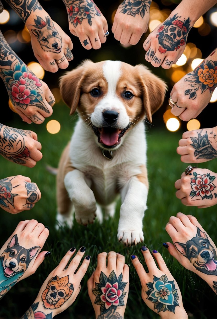 A playful puppy surrounded by 35 charming tattoos, creating a heartwarming and endearing portrait