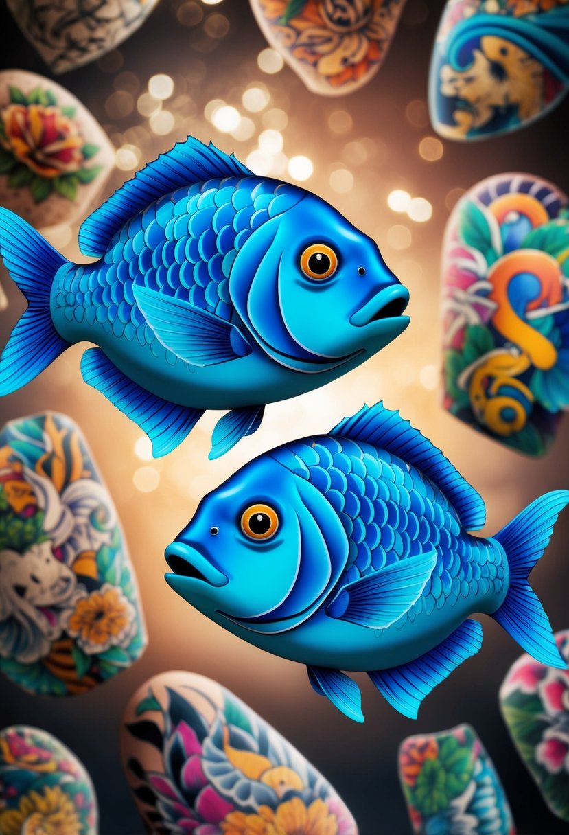 Two vibrant fish swimming gracefully amidst a sea of charming tattoos, each with its own unique design and color, creating a captivating and enchanting scene