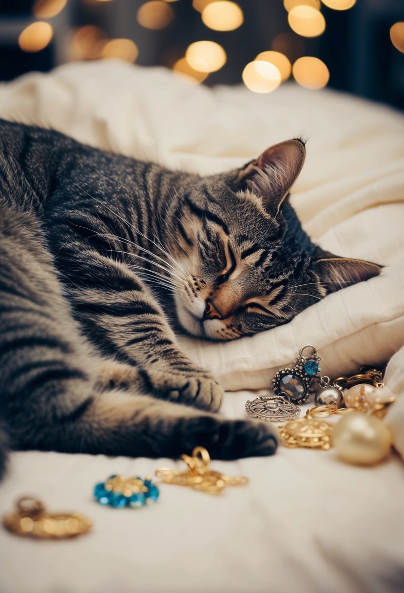 A peaceful cat curled up in slumber, surrounded by delicate charms and trinkets