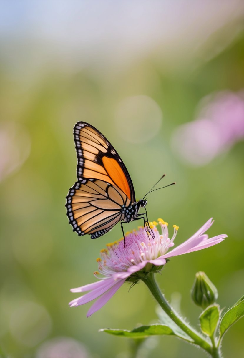 A graceful butterfly alights on a blooming flower, its delicate wings outstretched in a moment of serene beauty