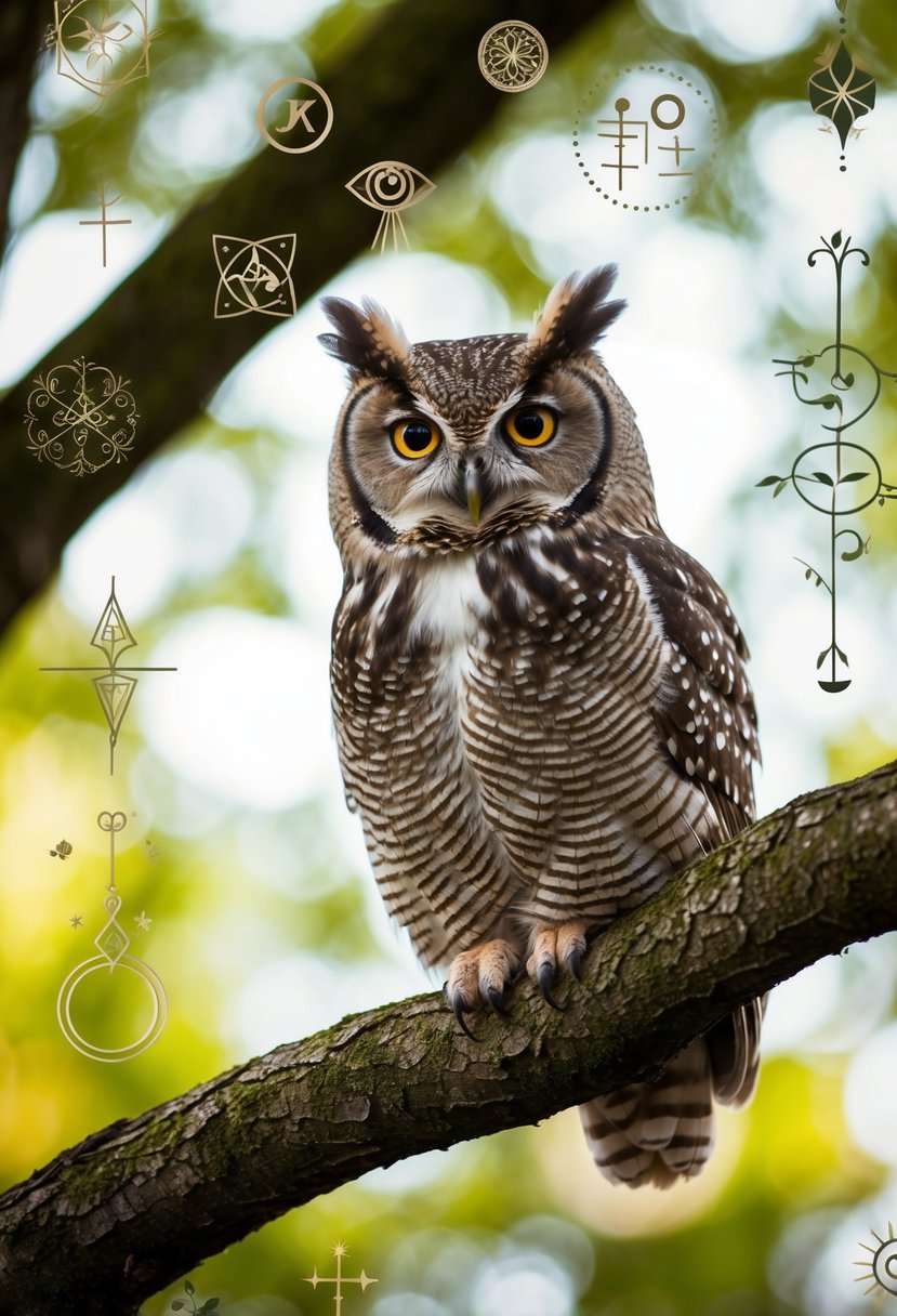 A whimsical owl perched on a tree branch, surrounded by enchanting symbols and patterns, exuding wisdom and charm