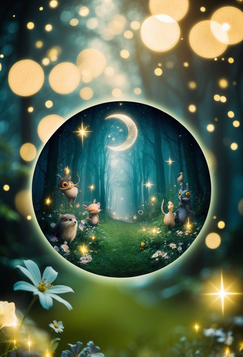 A magical forest with whimsical creatures and delicate flowers, surrounded by twinkling stars and a crescent moon
