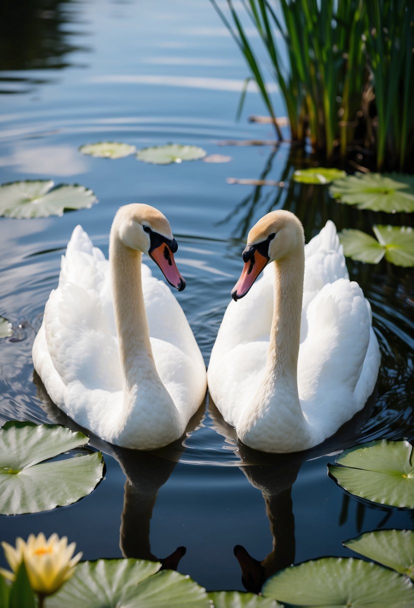 Two graceful swans swimming together in a serene pond, surrounded by luscious water lilies and reeds