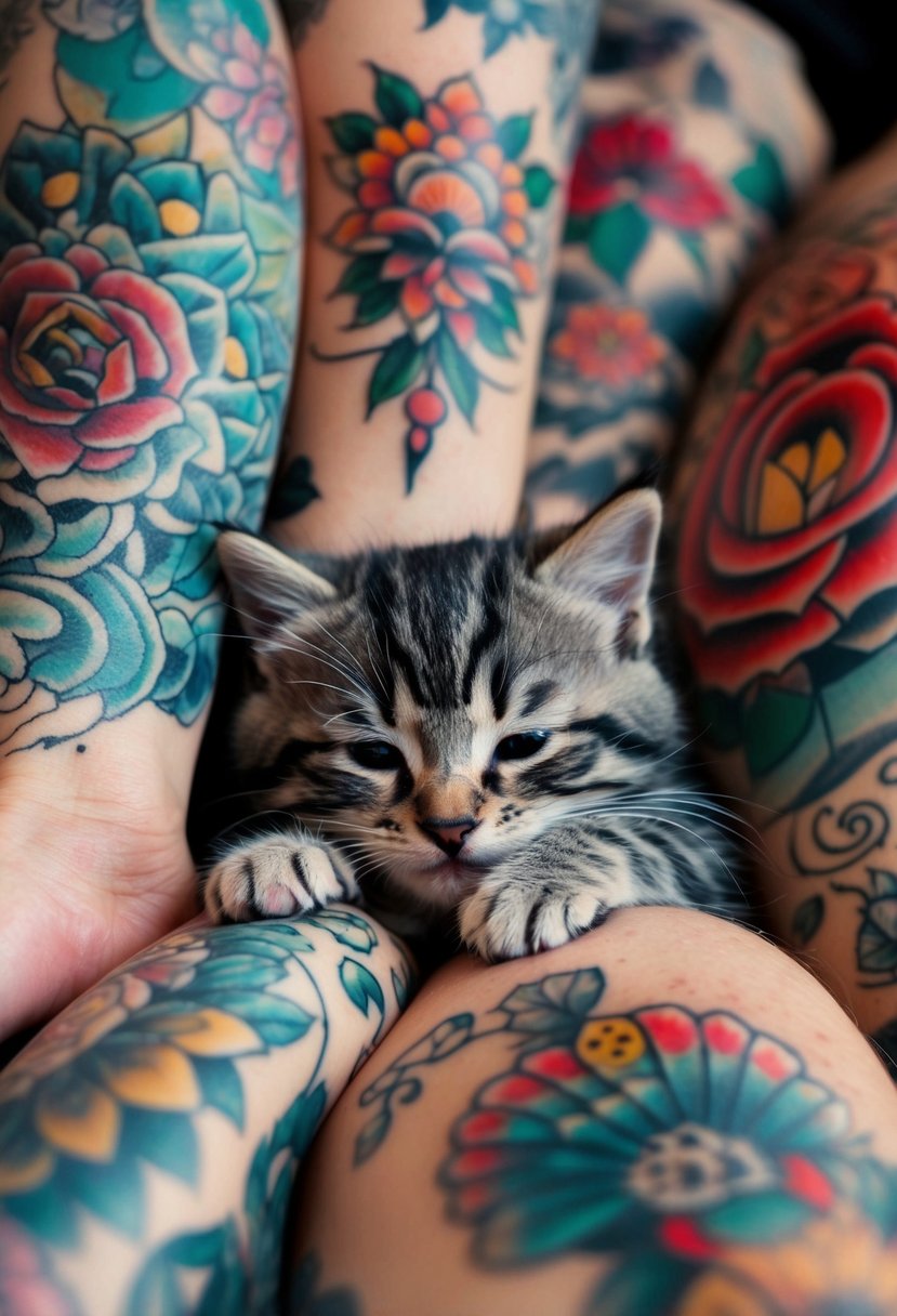 A sweet kitten snuggled up among charming tattoos