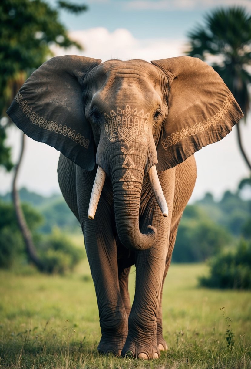 A majestic elephant adorned with charming tattoos, standing proudly amidst a serene jungle landscape