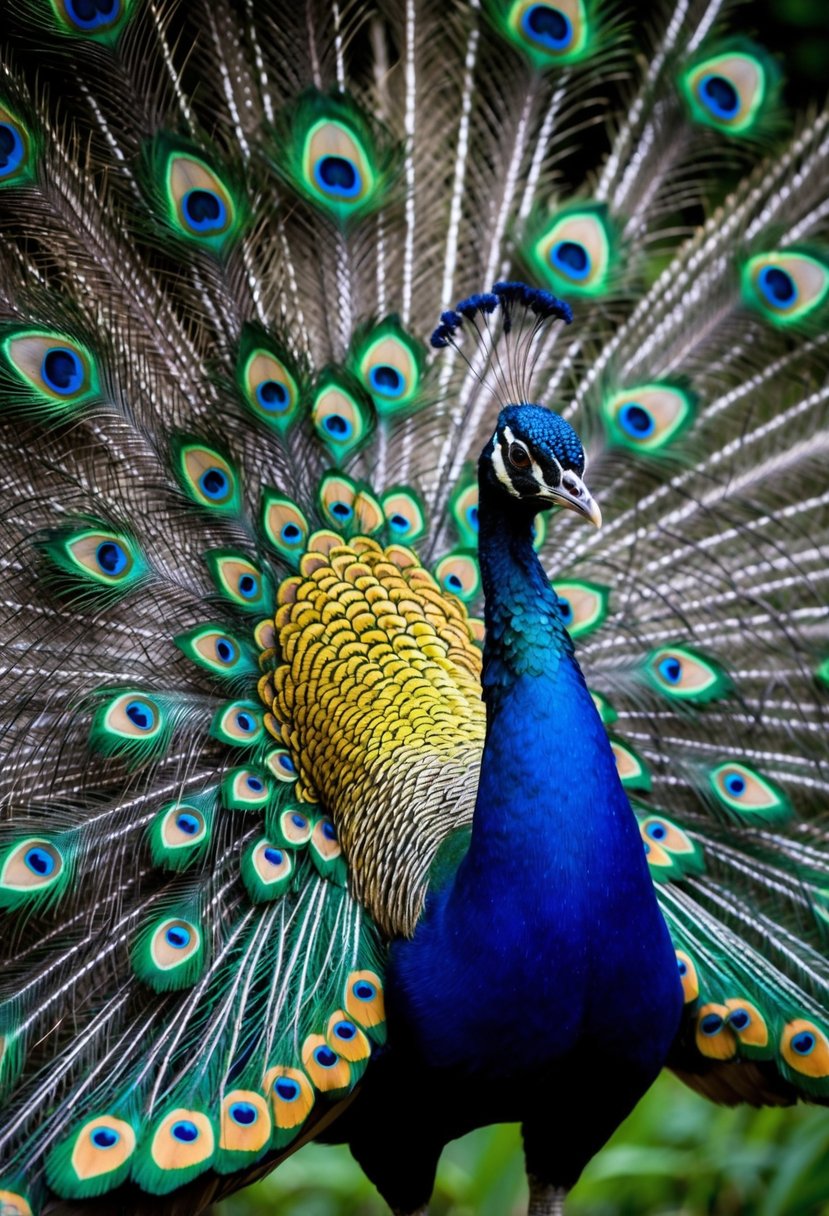 A majestic peacock displaying its vibrant and elegant feathers, with intricate details and charming tattoos adorning its plumage