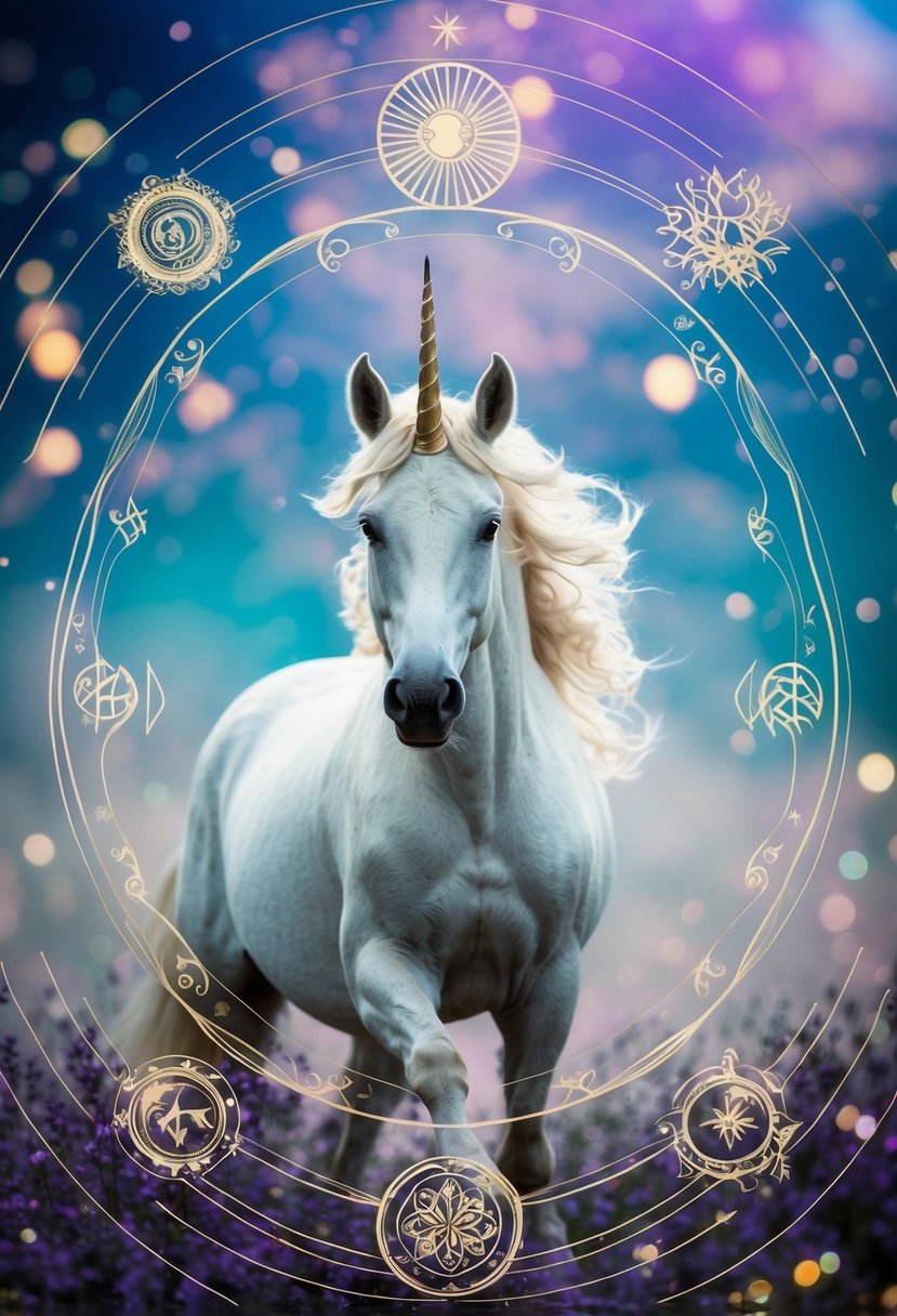 A majestic unicorn surrounded by swirling patterns and enchanting symbols, set against a dreamy, otherworldly backdrop