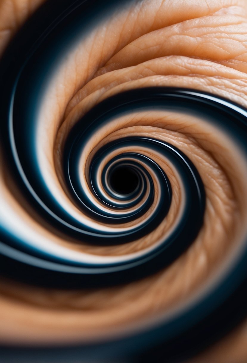 A swirling black hole on skin, appearing to suck in everything around it, creating a 3D illusion