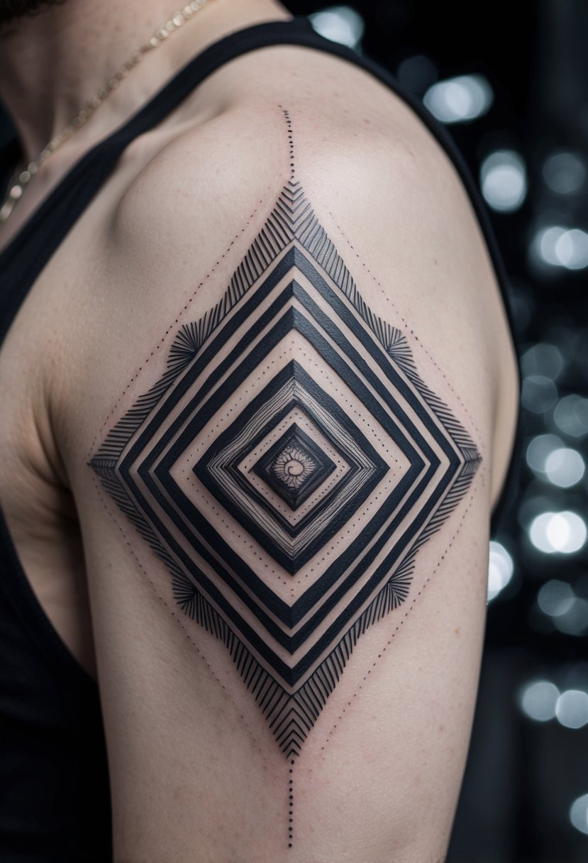 A 3D geometric shape tattoo with intricate optical illusions, creating a mesmerizing visual effect