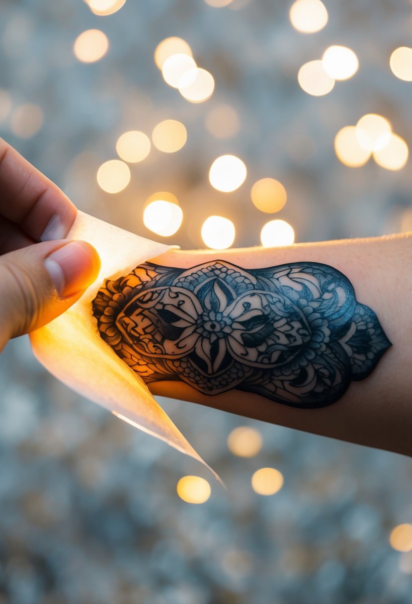 An ethereal glow emanates from beneath the surface as a sticker is peeled away, revealing intricate 3D tattoos hidden beneath the skin