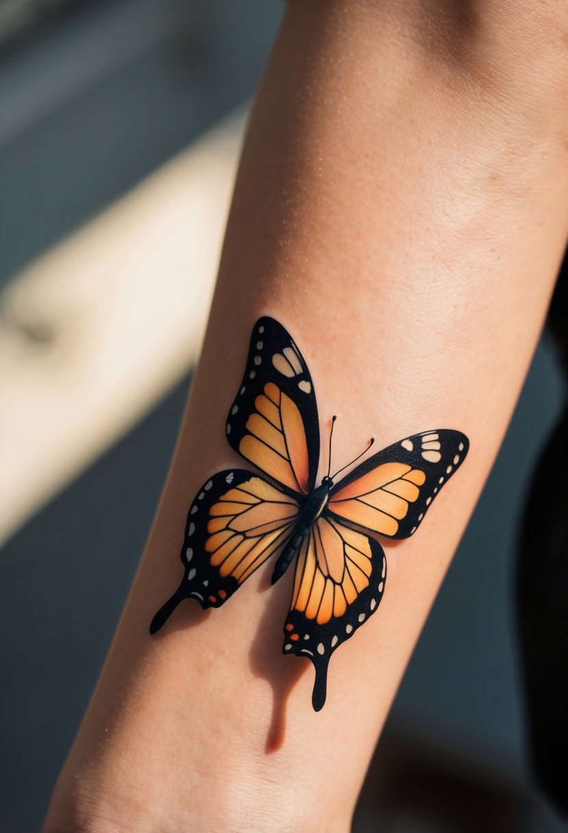 A 3D tattoo of a lifelike butterfly appears to flutter off the skin, casting a shadow in the soft sunlight