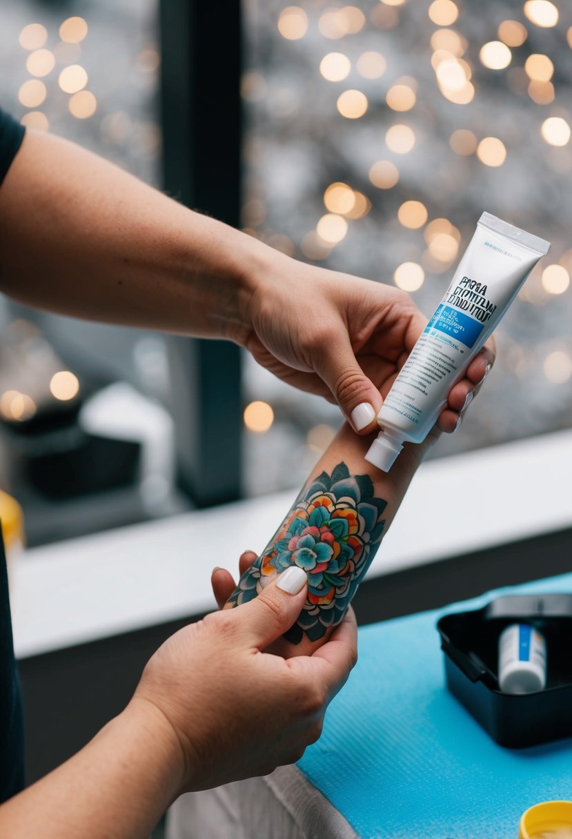 A hand applying protective coating to a vibrant 3D tattoo on a forearm, with a tube of ointment nearby