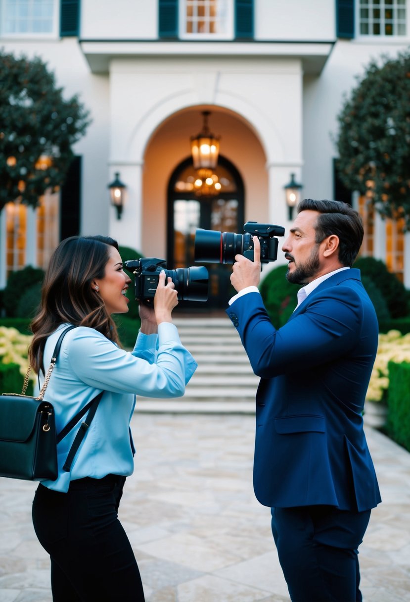 A paparazzi snapping photos of a celebrity couple arguing outside a luxurious mansion