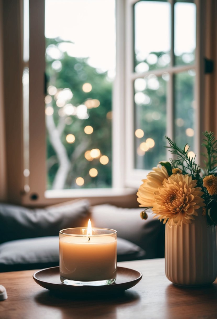 A cozy living room with a scented candle, fresh flowers, and an open window letting in a gentle breeze