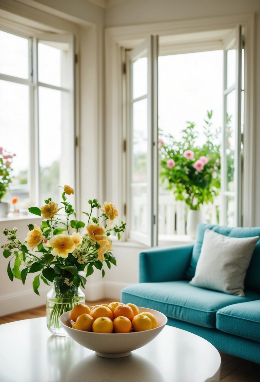 A fresh, airy living room with open windows, blooming flowers, and a bowl of citrus fruits on the table