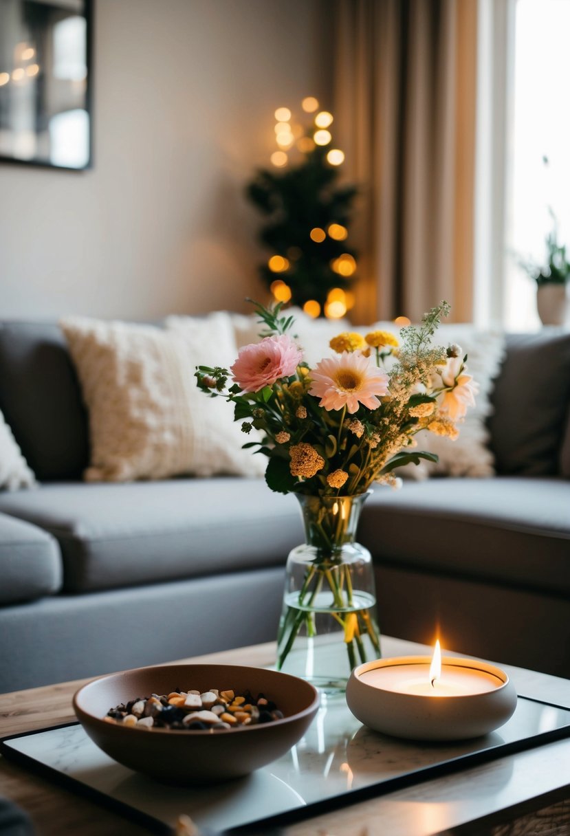 A cozy living room with a flickering scented candle, a vase of fresh flowers, and a potpourri bowl on a coffee table