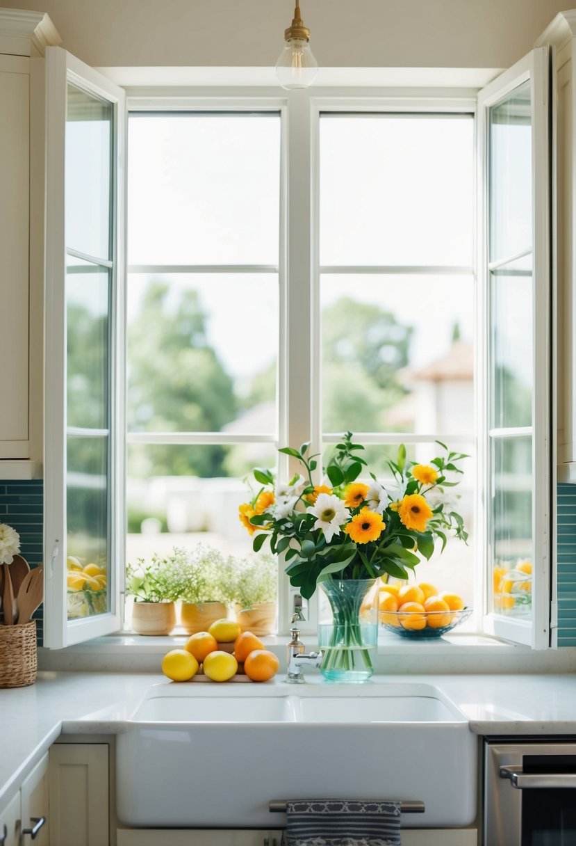 A clean, organized home with open windows, fresh flowers, and a bowl of citrus fruits on the counter