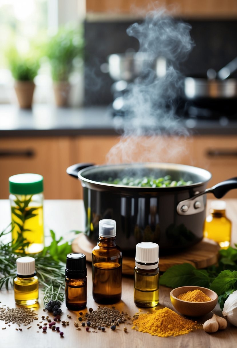Various natural ingredients and essential oils scattered on a table, with a pot simmering on the stove emitting a pleasant aroma