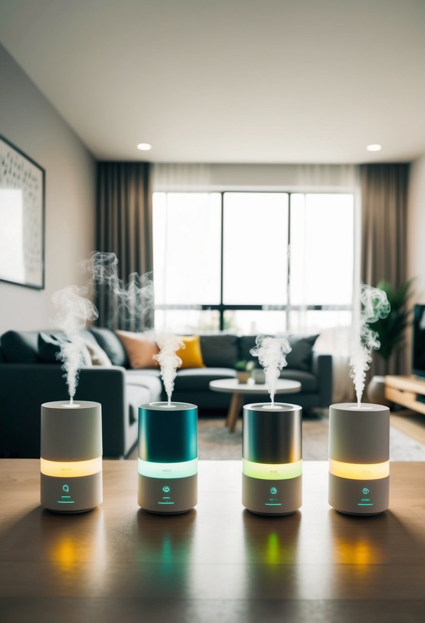 A modern home with various innovative devices emitting pleasant scents, creating a fresh and inviting atmosphere