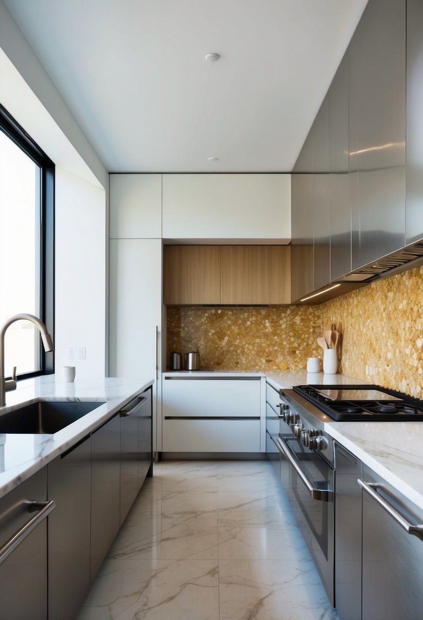 A sleek, minimalist kitchen with marble countertops, stainless steel appliances, and a pop of color from a vibrant backsplash