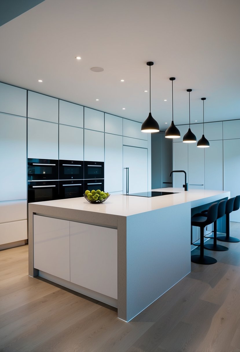 A sleek, minimalist kitchen with integrated appliances and clean lines, featuring a large island with a waterfall countertop and pendant lighting