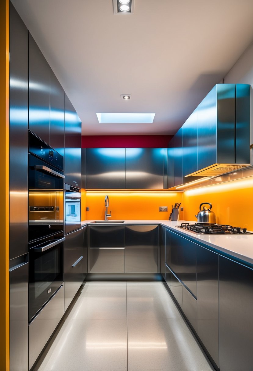 A modern kitchen with sleek metallic surfaces and bold pops of color in the form of vibrant appliances and accessories