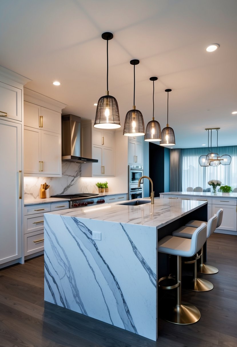 A sleek, marble-topped island with modern pendant lighting and integrated storage, surrounded by chic bar stools in a spacious, open-concept kitchen