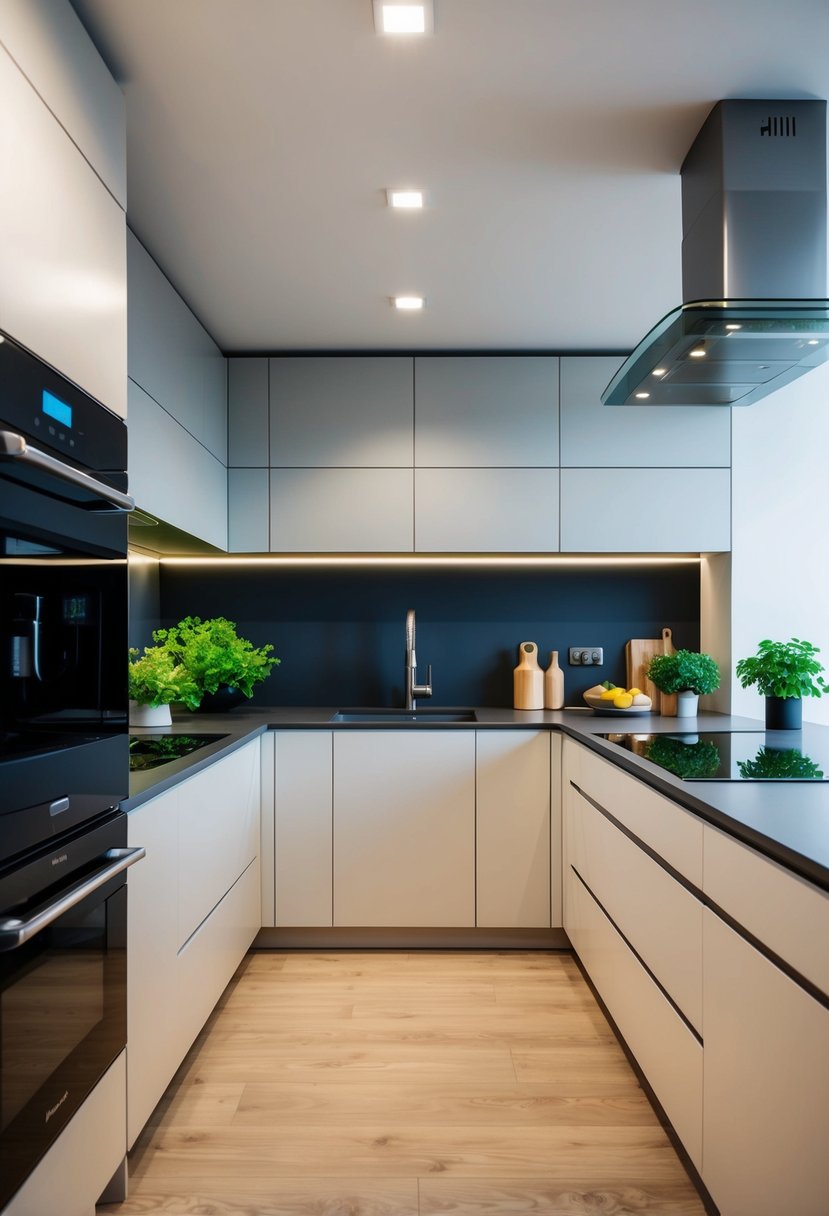 A modern kitchen with integrated lifestyle elements like a built-in herb garden, smart appliances, and sleek, multifunctional storage solutions