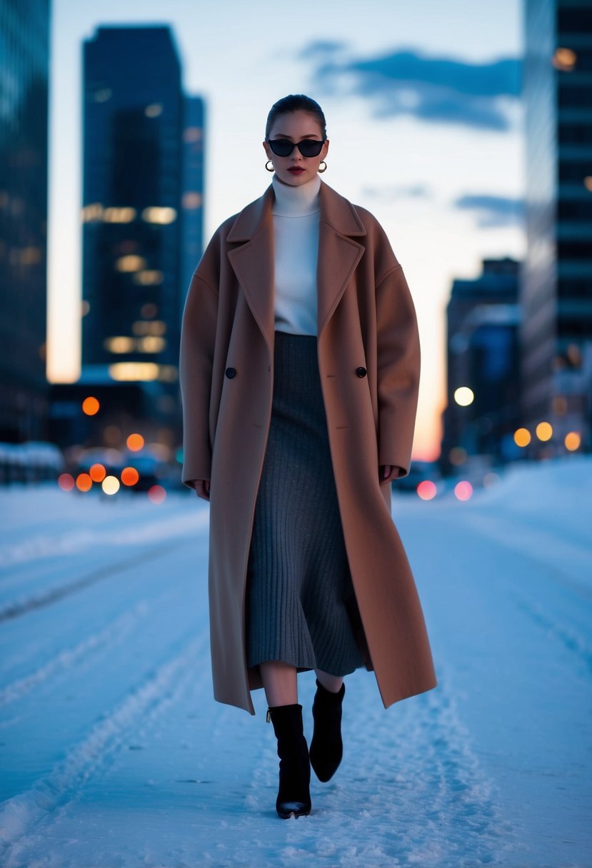 A figure wearing an oversized coat and wool midi skirt, walking through a snowy cityscape at dusk