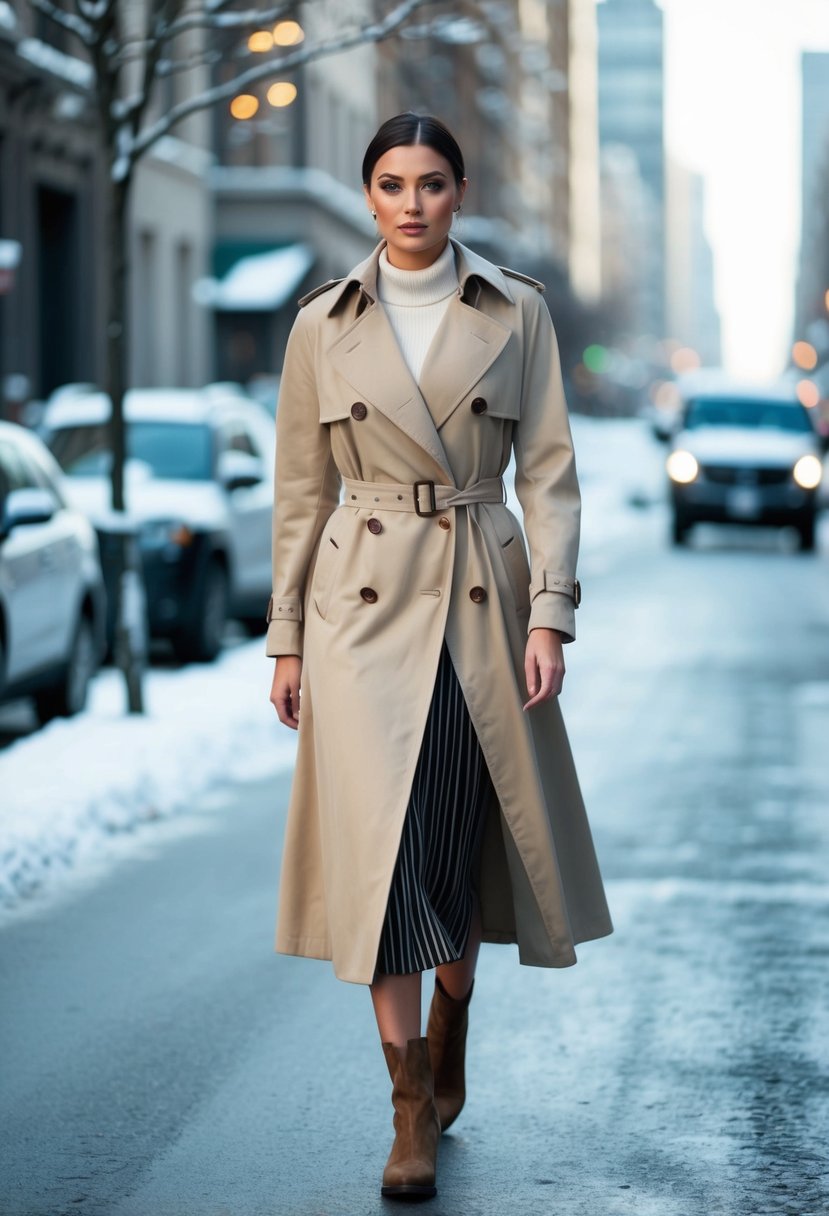 A woman in a classic trench coat walks on a snowy street, wearing a striped midi skirt and boots