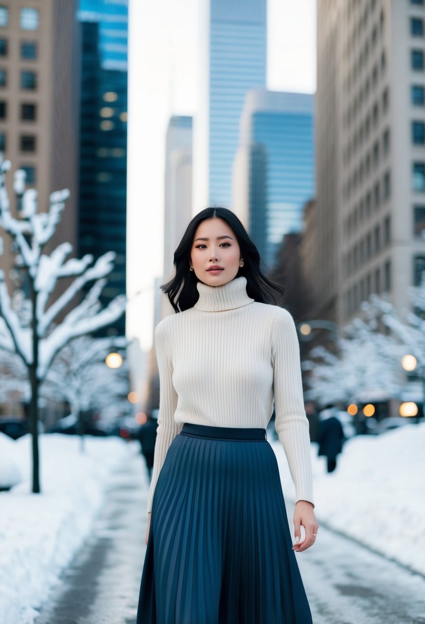 A figure in a turtleneck sweater and pleated midi skirt walks through a snowy cityscape, with tall buildings and snow-covered trees in the background