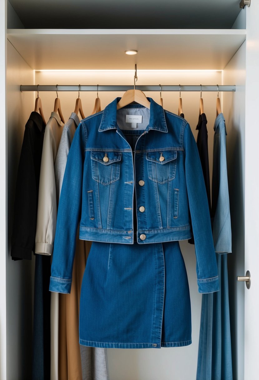 A denim jacket and skirt set displayed on a hanger in a modern, minimalist closet with soft lighting