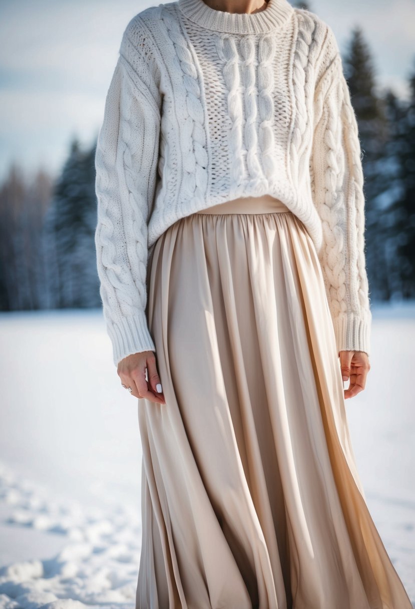 A cozy cable knit sweater paired with a flowing silk midi skirt, set against a snowy winter landscape