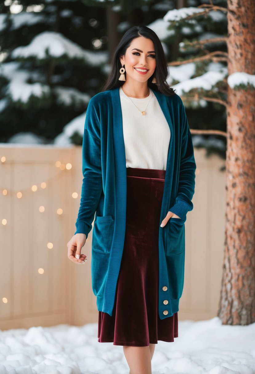 A cozy longline cardigan draped over a velvet midi skirt, set against a snowy backdrop with pine trees and a warm, soft light