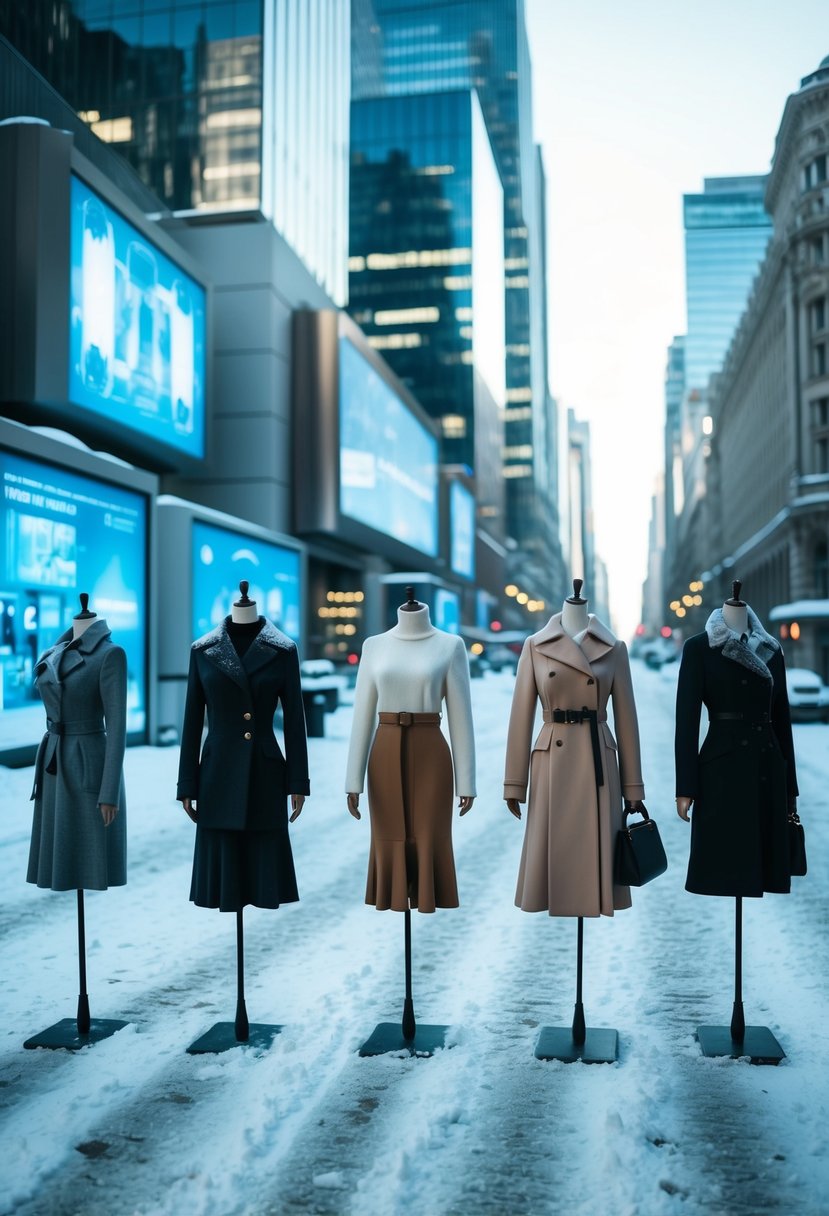 A snowy city street with stylishly dressed mannequins in trendy midi skirts and winter coats, surrounded by futuristic architecture and holographic advertising