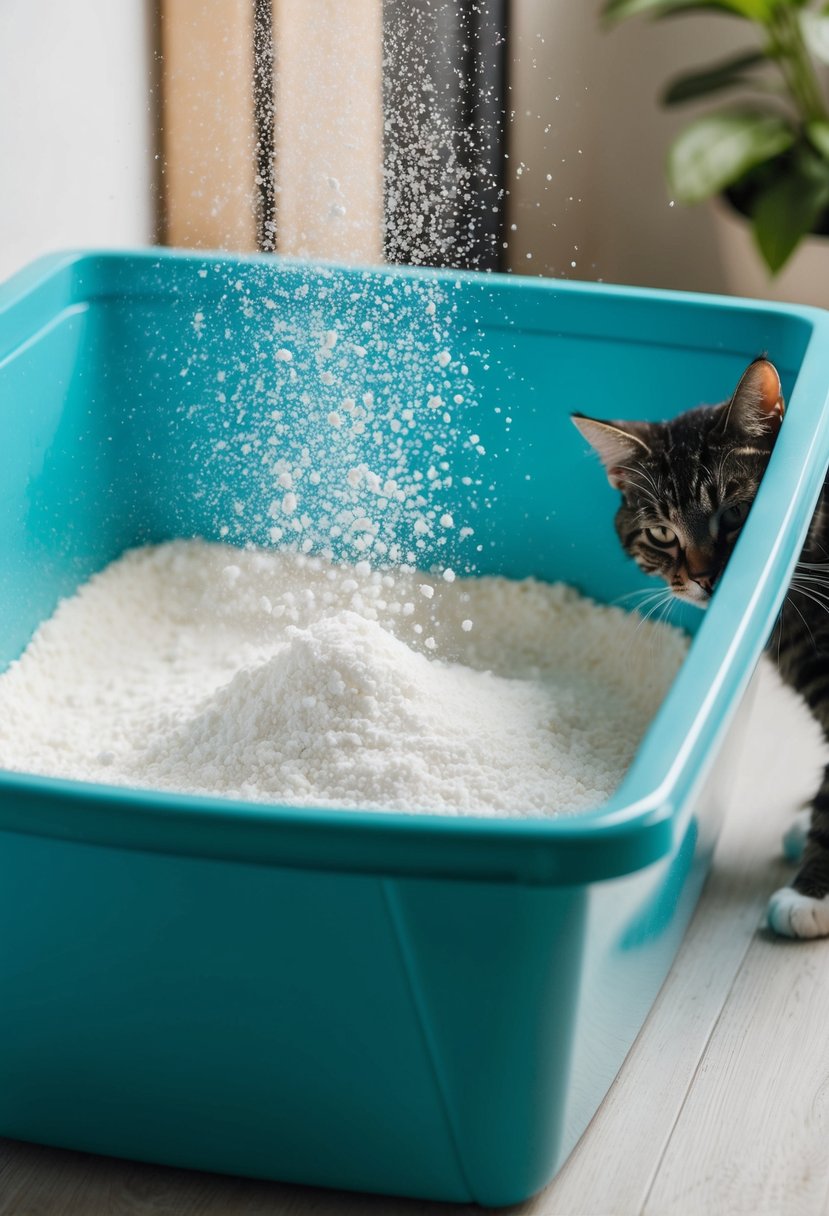 Baking soda sprinkled in a clean litter box, absorbing odors, with a content cat nearby