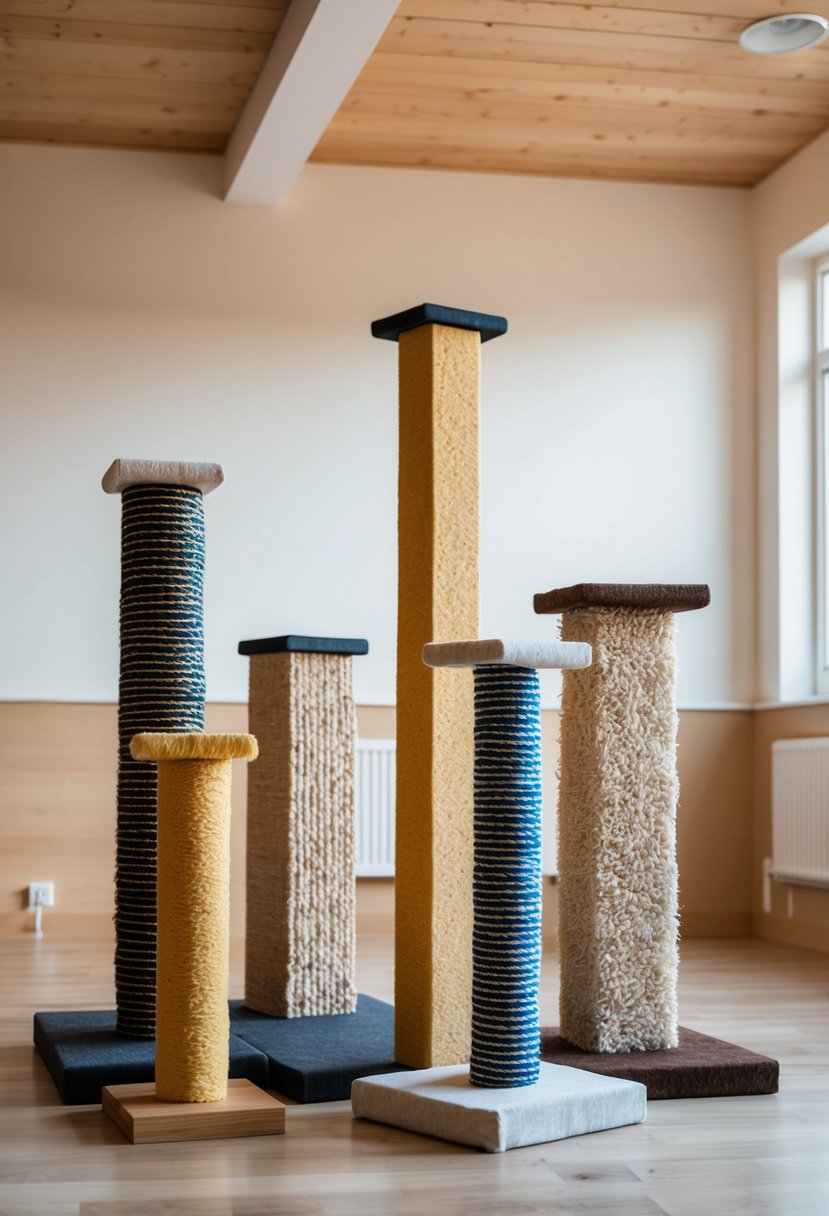 Several scratching posts of different sizes and textures arranged in a spacious room with plenty of natural light