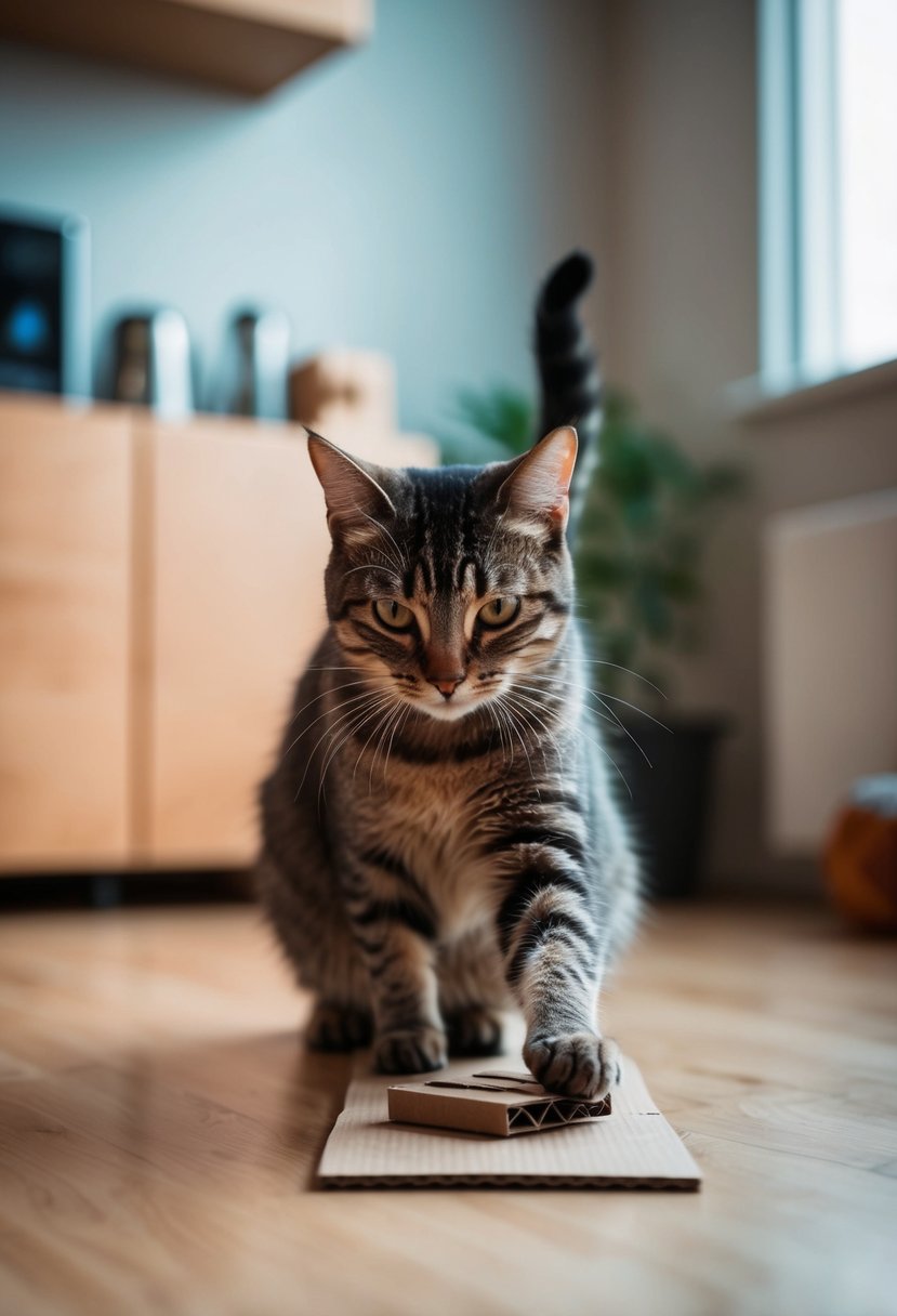 A cat playing with a homemade cardboard toy