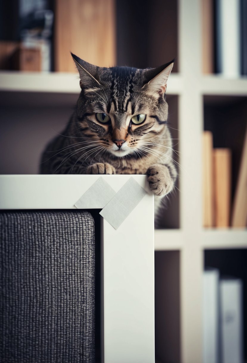 A cat scratching a piece of furniture, with double-sided tape applied to the corners to prevent damage