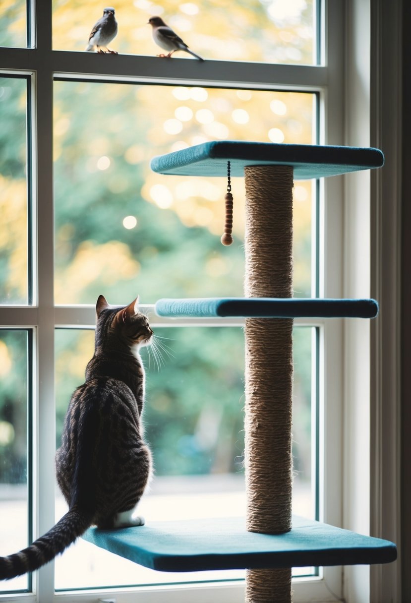 A cat tree is positioned near a window, with a few birds outside for the cat to watch