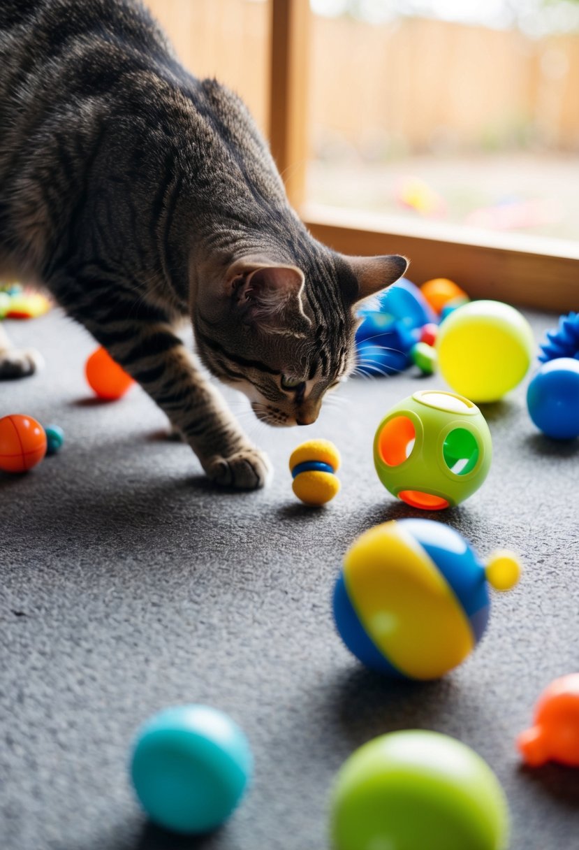 Toys being rotated in a cat's play area, with various toys scattered around and a cat showing interest in a newly introduced toy