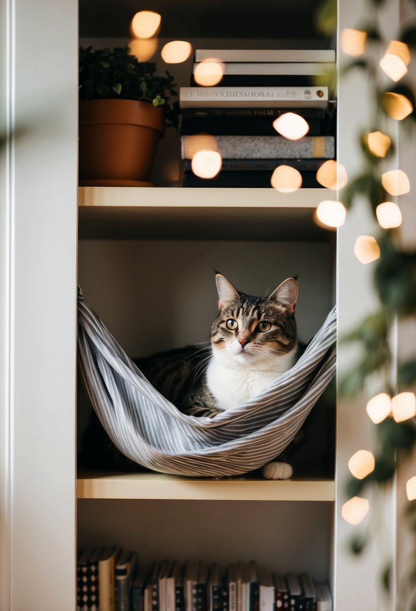 A shelf with fabric draped underneath, forming a cozy hammock for a cat