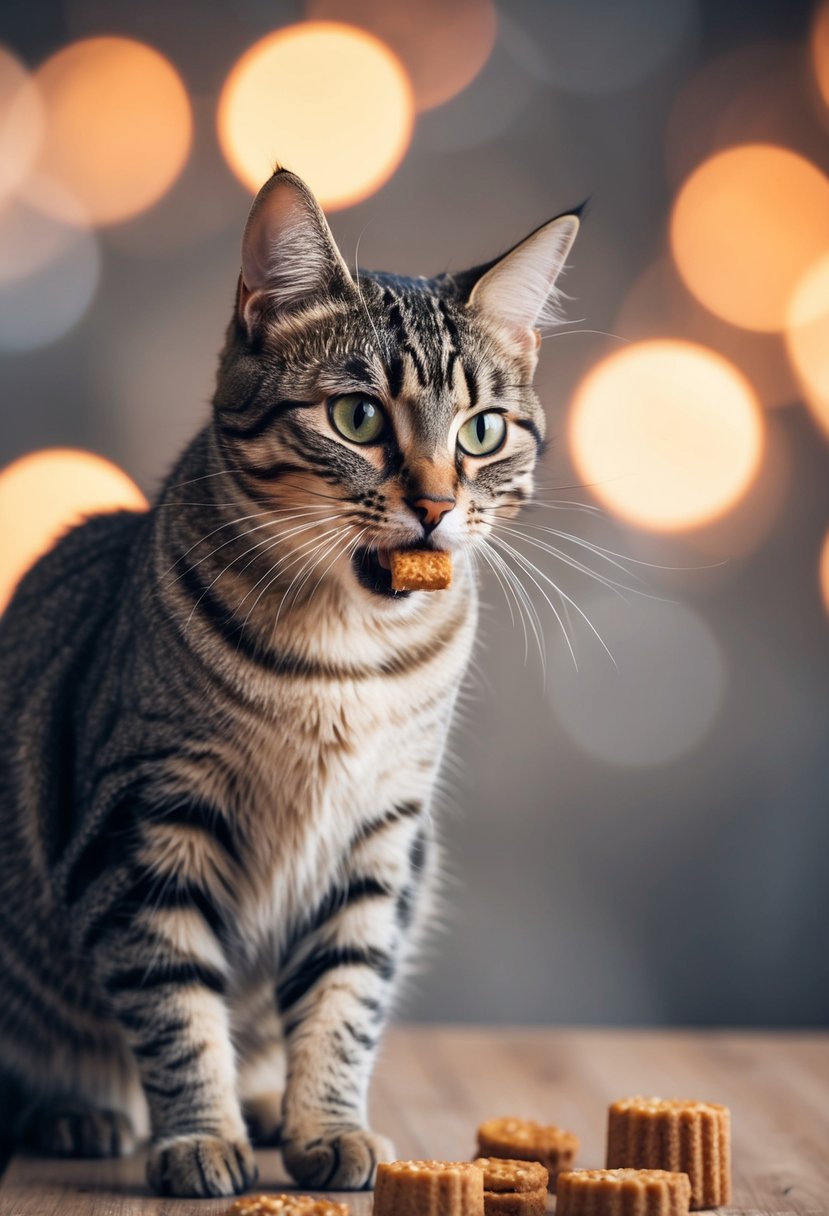 A cat performing tricks and receiving treats as a reward