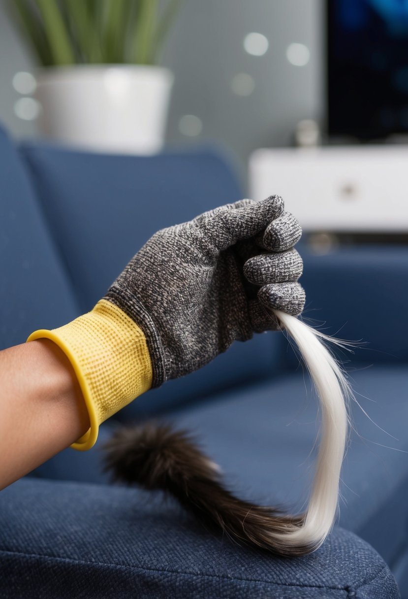 A rubber glove removing cat hair from furniture