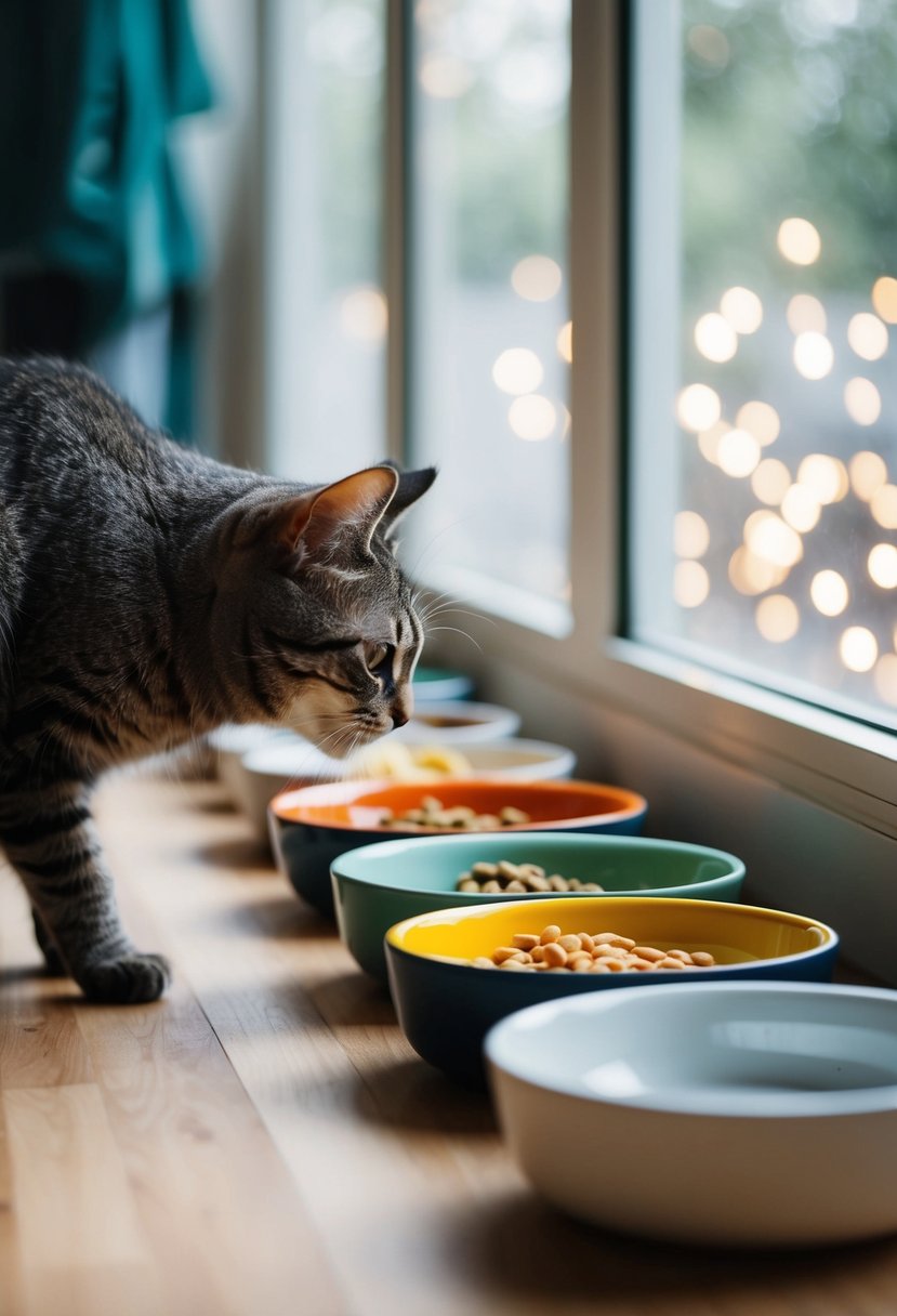 Various cat food bowls with small portions of new foods, arranged in a line. A curious cat sniffs at the first bowl